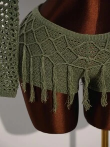 Amplova Bộ 2 món áo len tay loe khoét lỗ màu trơn gợi cảm siêu ngắn có tua rua trang trí thời trang nữ - xanh quân đội - Xem 4