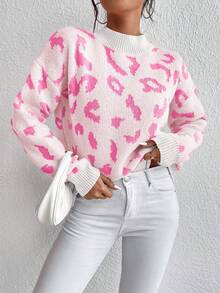 EMERY ROSE Áo len chui đầu dài tay họa tiết da báo dáng rộng thoải mái cho nữ, mùa thu - trắng - Xem 5