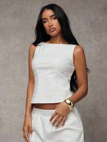 SHEIN BAE 女士白色纯色弹力编织圆领时尚通勤百搭上衣，适合外出、通勤休闲、日常穿着，秋季女装，冬季女装 - 白色 - 查看 4
