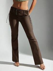 Denimoi 系带修身喇叭裤侧系带中腰裤 - 棕色 - 查看 3