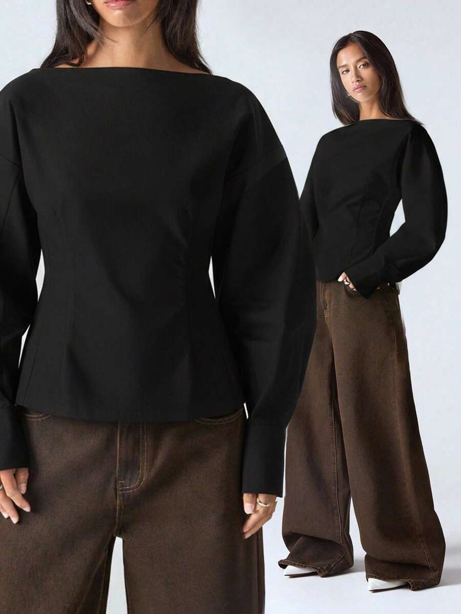 LYSMO 女士纯色船领灯笼袖宽松时尚T恤 - 黑色 - 查看 1