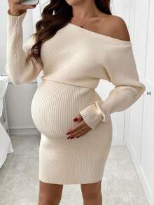 SHEIN 孕妇纯色蝙蝠袖修身针织连衣裙，秋季时尚