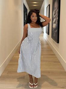 Alexandranx Women Striped Print Square Neck Sleeveless Mid-Calf Summer Dress - Navy Blue - View 5