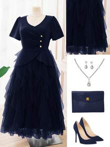 Ellevyn 大码女式纯色短款泡泡袖纽扣设计网眼下摆优雅连衣裙 - 藏蓝色 - 查看 9