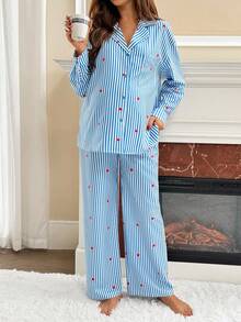 SHEIN 2pcs Maternity Striped Drop Shoulder Long Sleeve Loose Button Front Shirt And Pants Set,Maternity Pjs  ,Pajama Dress ,Loungewear,Nightgown,Sleepwear Set - Blue - View 5