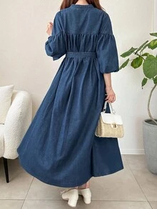 Teen Girls Y2K Elegant Casual Denim Long Dress With Button Design And Lantern Sleeves,Fall Dress, Solid Color Elegant & Simple & Versatile Shorts, Fall Autumn Winter Clothes Outfits,Girls Back To School Streetwear Outfits,Comfortable And Versatile,Suitable For School, Home And Travel