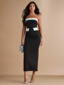 Silquee Váy viền màu tương phản thanh lịch thời trang dành cho nữ - màu đen - Xem 3