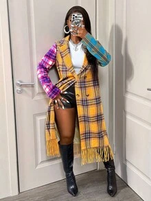 BamGleam 女士休闲长款格子流苏羊毛翻领大衣，秋冬 - 彩色 - 查看 6