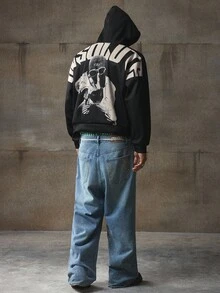 AXEPEAK 男式落肩宽松长袖休闲百搭连帽衫，背面有图案印花，羊毛，秋冬 - 黑色 - 查看 4