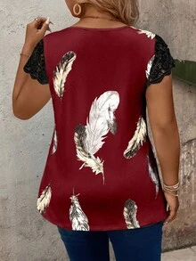 EMERY ROSE Women's Plus Size V-Neck Patchwork Sleeve Feather Element Casual T-Shirt, Versatile For Spring/Summer - Multicolor - View 2