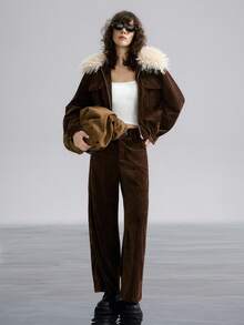 Airlisse Set de 2 piezas: Chaqueta corta con cuello de piel desmontable de estilo retro americano y pantalones rectos, color marrón, para invierno