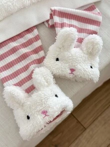 SHEIN 2pcs Baby Girls Rabbit Embroidery Hoodie Sweatshirt With Rabbit Ears And White Fuzzy Trim Red & White Striped Pants Set, Fashionable & Cute Fall Winter - Multicolor - View 6