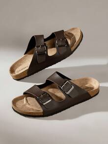 Solecia Men's Fashion Double Strap Double Buckle Casual Non-Slip Mule Slippers With Arch Support Soft Cork Sole, Comfortable Slip-On, Summer Ladies Beach Sandals, Suitable For Couples Everyday Wear And Vacation