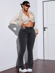 SHEIN ICON 大码女式纯色保暖内衬修身休闲牛仔裤 - 深灰色 - 查看 3