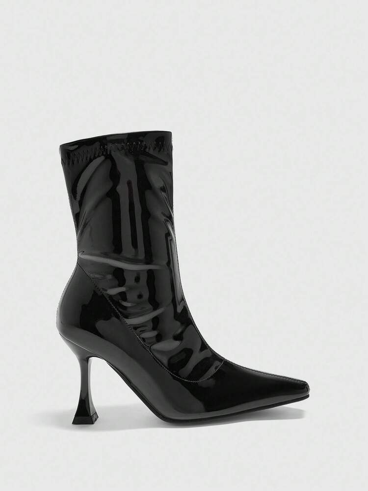 CUCCOO BIZCHIC Women's Fashion Burgundy Elegant Metallic Buckle High Heel Boots, Black Pointed Toe Ankle Boots