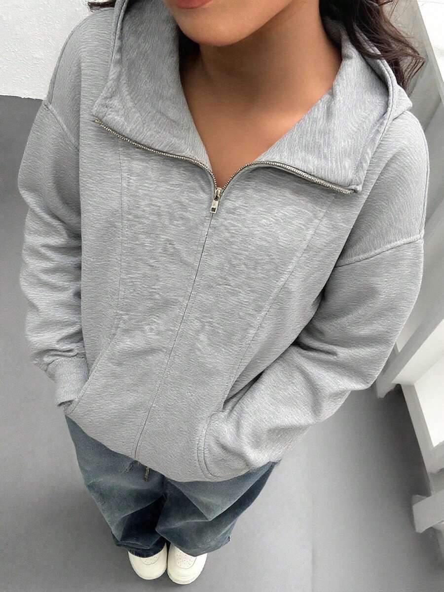 SHEIN 青少年女孩灰色前拉链长袖连帽衫,带口袋,休闲简约 - 淺灰色 - 查看 1