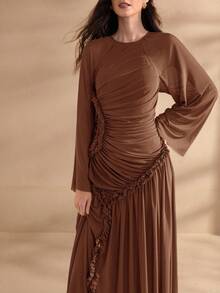 Graceveil Women's Extra Long Spring/Summer Mesh Knit Ruffle Hem Split Modest Elegant Charming Fashion Dress - Coffee Brown - View 4