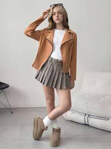 Teen Girls' Casual Suede Lapel Collar Zip-Up Moto Jacket, Autumn Fall Winter - Brown - View 4