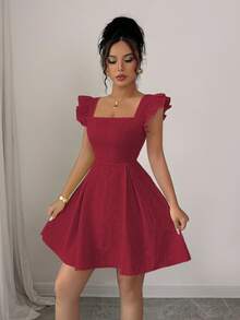 Elenzga Y2K美国独立日新季法式方领盖袖收腰夏季高端纹理花卉A字甜美迷你优雅办公室连衣裙，奶油黄色 - 酒紅色 - 查看 2