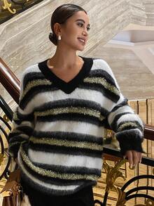DAZY Contrast Stripe Lurex Fuzzy Loose V-Neck Long Sleeve Casual Street Style Knit Sweater For Women, Autumn/Winter - Black - View 5