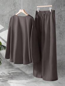 Linhara Plus Size Solid Color Casual Tie-Up Top And Wide Leg Pants 2 Pieces Set - Rust Brown - View 2