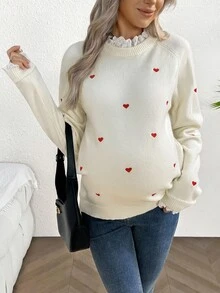 SHEIN 女士心形印花刺绣蕾丝边孕妇长袖毛衣 - 米色 - 查看 5