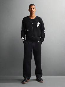 SUMWON 短款针织纽扣前长袖开衫经典麻花针织休闲秋冬舒适毛衣 - 黑色 - 查看 7