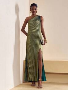 Zivah 2025秋季新款优雅派对优雅约会毕业季生日派对连衣裙聚会结婚季宴会性感宽松无袖一字肩单边高开衩亮面面料褶皱女长款绿色连衣裙-A - 綠色 - 查看 3