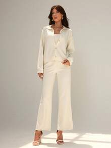 Chiquease Women's Elegant Long Sleeve Top And Pants Knit 2 Pieces Set - Apricot - View 1