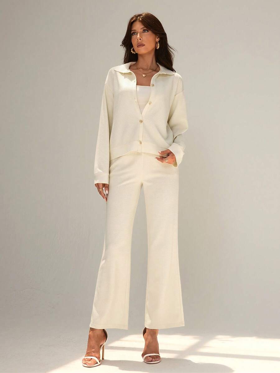 Chiquease Women's Elegant Long Sleeve Top And Pants Knit 2 Pieces Set - Apricot - View 1