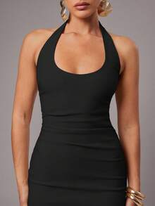 Silquee Women's Solid White Halter Backless Dress, Spring/Summer,Wedding Guest Dress Women - Black - View 7