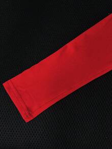 SHEIN PETITE 女士网眼拼布休闲长袖修身圆领 T 恤 - 紅色 - 查看 3