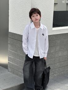 Mirajuku Tween Boy's Embroidered Horse Casual Loose Fit Long Sleeve Shirt, Spring Summer - White - View 4