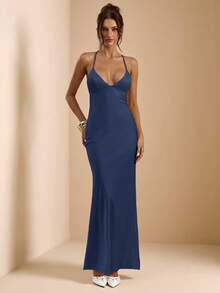 SHEIN BAE Váy đuôi cá dài, hở lưng, cổ chữ V sâu màu mơ và trắng, dây mảnh, chất liệu satin, buộc nơ, đầm thanh lịch, đầm đi nghỉ, đầm phù dâu, đầm dự tiệc sinh nhật, đầm tốt nghiệp/trở lại trường, đầm trắng - Màu xanh hải quân - Xem 5