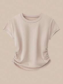 Flirla 加大码纯色圆领不对称褶皱短袖 T 恤和阔腿裤两件套，休闲百搭宽松度假日常穿着，夏季