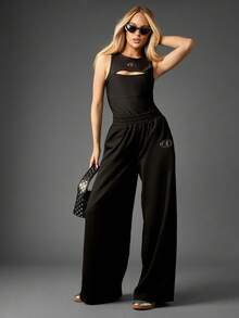 Missguided x Playboy Calça de moletom feminina larga e larga, com cós elástico, confortável, para uso na rua - Preto - Ver 3