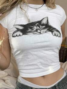 INAWLY 女士短袖貓咪圖案夏季T恤