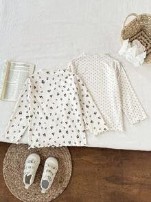 SHEIN 2 pièces Hauts à manches longues avec col rond et poignets à volants, imprimé floral mignon pour bébé fille. Convient pour le printemps/automne - Nude - Voir 2