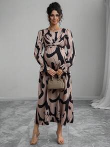 Momance 女士时尚优雅圆领扭曲不对称几何印花腰带孕妇长袖连衣裙，春秋 - 彩色 - 查看 5