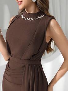 Coutiva 奢华亮片珍珠领晚礼服，高端礼服，优雅气质 - 咖啡棕 - 查看 3