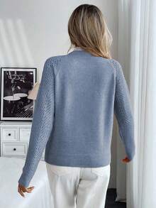 SHEIN PariChic 全新花卉装饰圆领宽松休闲女式毛衣 - 藍色 - 查看 2