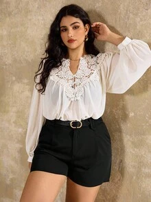 Roveilla 大码女式法式蕾丝花边雪纺衬衫 - 杏色 - 查看 6