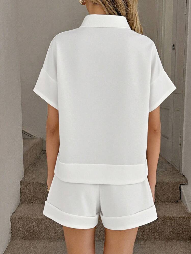 Easowa 2 peças/Conjunto Mulheres Casual Top Polo Solta com Zíper e Shorts com Bolso Conjunto Branco Combinando Conjunto de Duas Peças Mulheres Manga Curta Conjunto Curto Branco Mulheres Conjuntos Curtos Mulheres Conjunto Confortável de Duas Peças - Branco - Visão 2