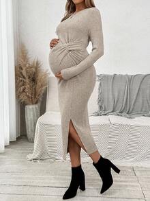 SHEIN Rochie de maternitate cu guler rotund, mânecă lungă, talie pliată, crăpături laterale, tiv mulat, toamnă - Kaki - Vizualizare 1