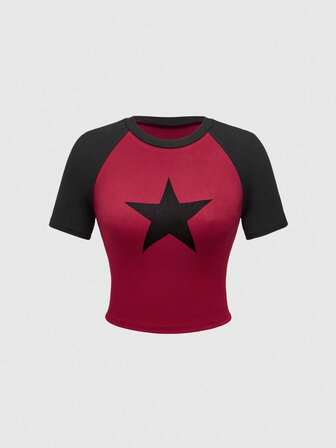 Grunge Punk T-shirt casual da donna con stampa a stelle e blocchi di colore in stile punk