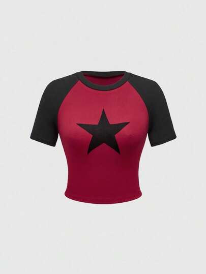 ROMWE Grunge Punk Women's Casual Punk Star Print Color Block T-Shirt