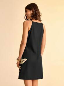 CAJUNI Women's Bohemian Tropical Plant Leaf Print Brown Spaghetti Strap Mini Dress,Graphic