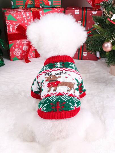 PETSIN 1pc Pet Christmas Sweater With Reindeer Fair Isle Pattern And Raglan Sleeves