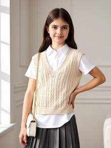 SHEIN Tween Girl Cable Knit V Neck Sweater Vest