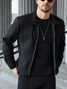 Manfinity CasualCool Manfinity Men's Long Sleeve Black Zip-Up Overcoat ,Ideal For Halloween, Christmas, Daily Streetwear & Casual Dates, Perfect Gift For Boyfriends/Husbands On Anniversaries, Fall Winter